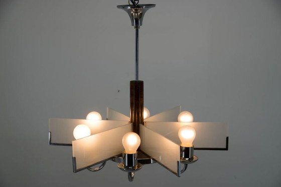 Image 1 of Six-Arm Art Deco Chandelier in Chrome and Sandblasted Glass, 1940s