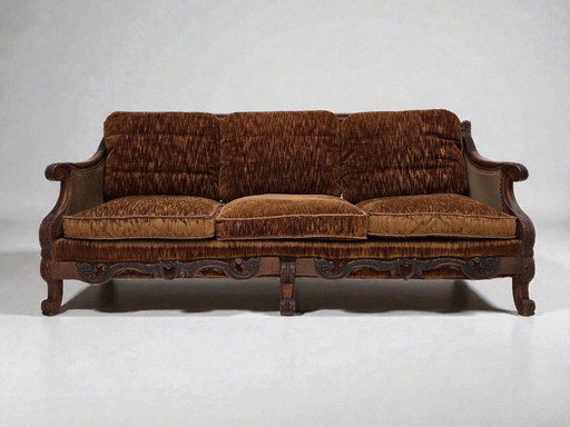 1930-35s, Danish 3-seater sofa, furniture velour, furniture mesh, carved ash wood.
