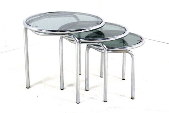 Image 1 of Italian round chrome nesting tables smoked glass vintage