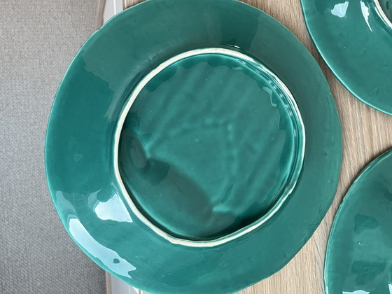 Image 1 of Splendido set di 4 piatti francesi Barbotine per asparagi – Maiolica turchese