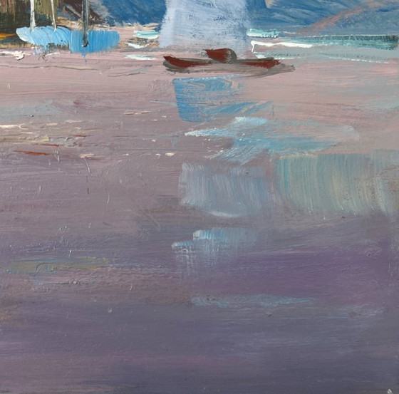 Image 1 of Peinture à l'huile originale, paysage de village au crépuscule, bateau sous les fenêtres de la mer