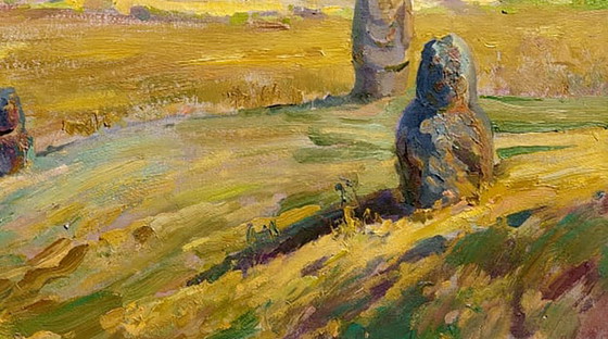 Origineel Olieverfschilderij Symbolisme Landschap Steengraf – Schilderijen & Tekeningen, Canvas (photo 5 of 5)