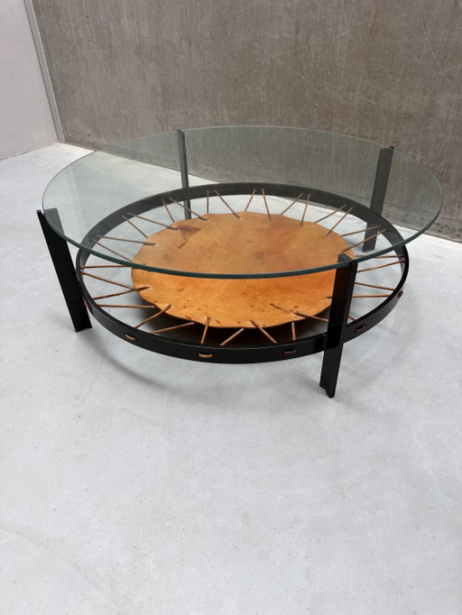Mid-Century Modern Ronde Salontafel Van Glas, Staal En Leer – Metal, Leather