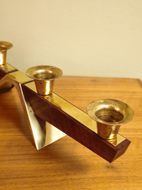 Image 1 of Vintage Teak Teak Wood Brass Candlestick Candle Holder