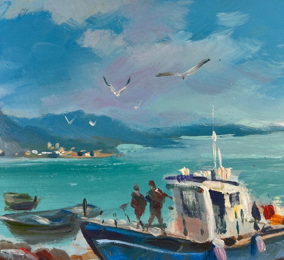 Image 1 of Original Oil Painting Summer Sea Landscape Boat on the horizon