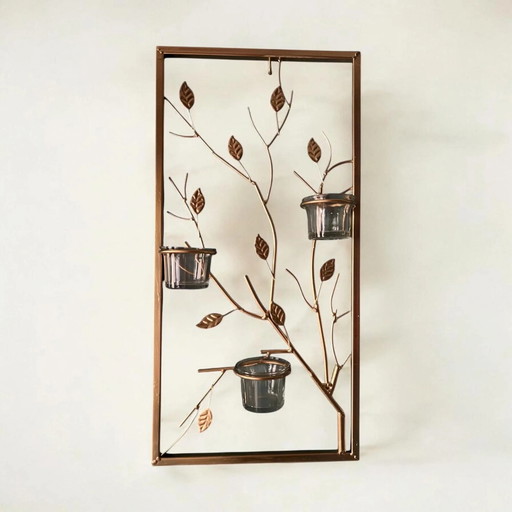 Gold Painted Metal Lantern Grid with Leafy Vines, Rectangular Balcony Decor
