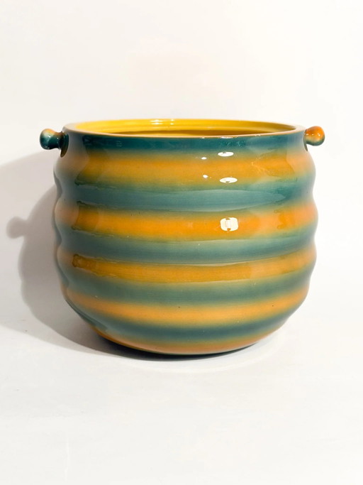 Jarrón tipo cajetín amarillo y verde aerografiado de la década de 1950 de Galvani Ceramics Pordenone – vazen