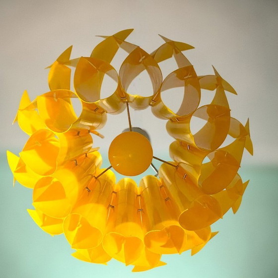 Image 1 of Portuguese Mid Century Modern yellow acrylic layered geometrical origami hanging lamp 1970s