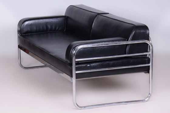 Sofá Bauhaus restaurado, de Vichr a Spol., cromo, cuero, checo, década de 1930. – Leather, Metal (photo 8 of 13)