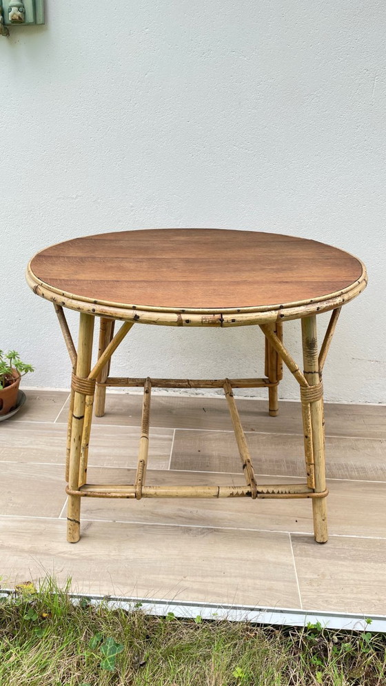 Image 1 of TABLE Basse RONDE Rotin et Chêne VINTAGE