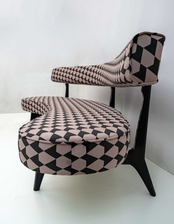 Curved Bench with Black and Beige Geometric Pattern, Kagan, Benches, Textile, Velvet, Mid Century Modern (photo 6 of 12)