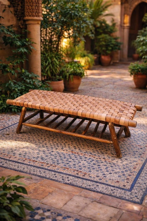 Panca artigianale in pelle naturale – Pouf in stile boho chic marocchino