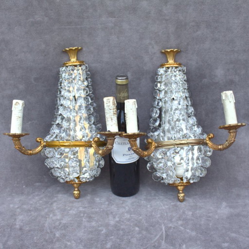 Antique set of 2 gilded brass sconces with crystal cutted drops romantic home decor from France