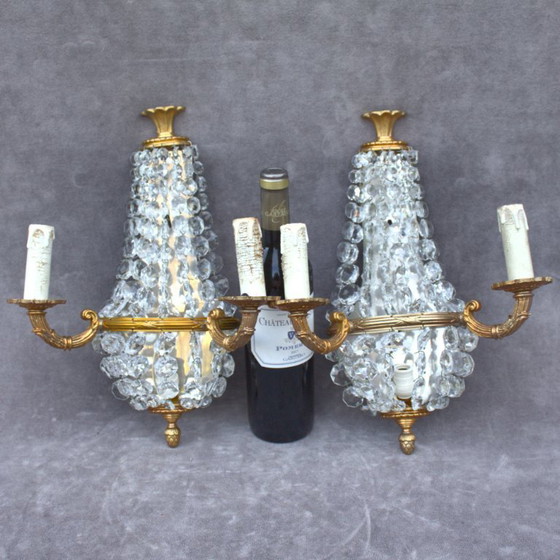 Image 1 of Antique set of 2 gilded brass sconces with crystal cutted drops romantic home decor from France