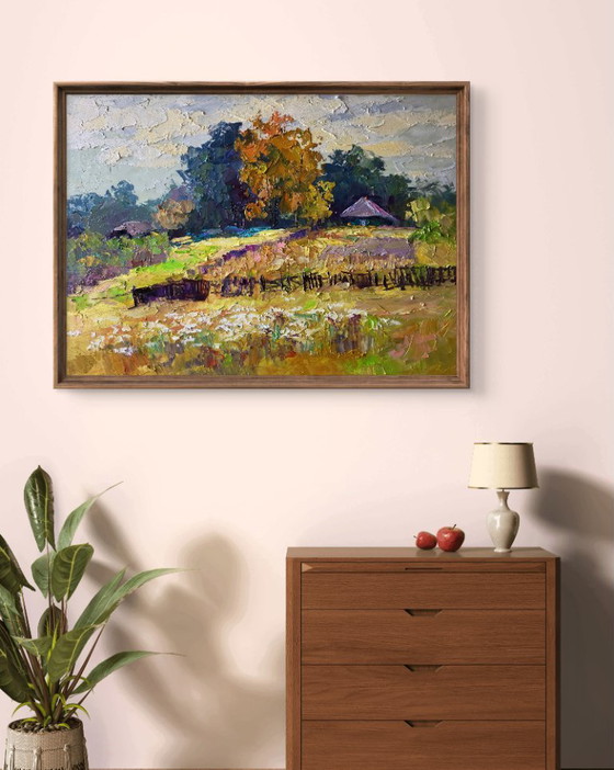 Image 1 of Origineel olieverfschilderij: Landelijk landschap met herfstbloemen in de tuin.