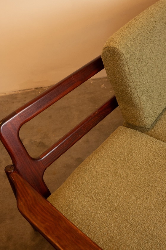 Image 1 of Vintage Deense teakhouten 3-zitsbank met nieuwe mosgroene bouclé bekleding