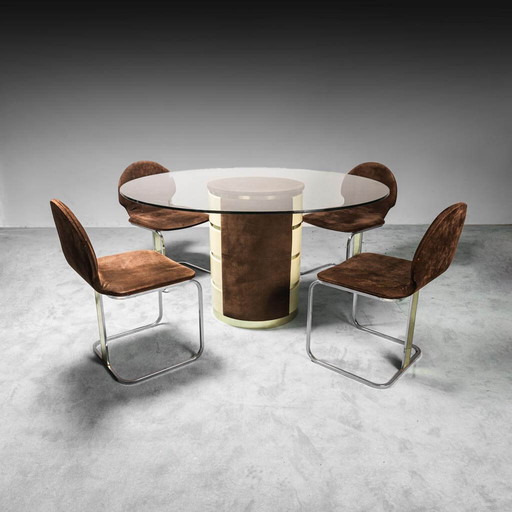 Table avec base en cristal et 4 chaises avec tissu en daim, 1970