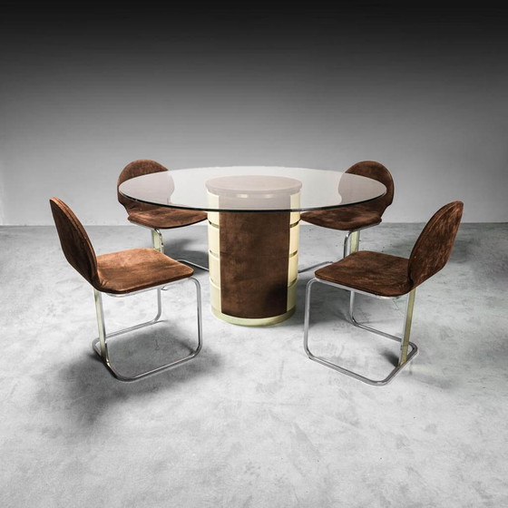 Image 1 of Table avec base en cristal et 4 chaises avec tissu en daim, 1970