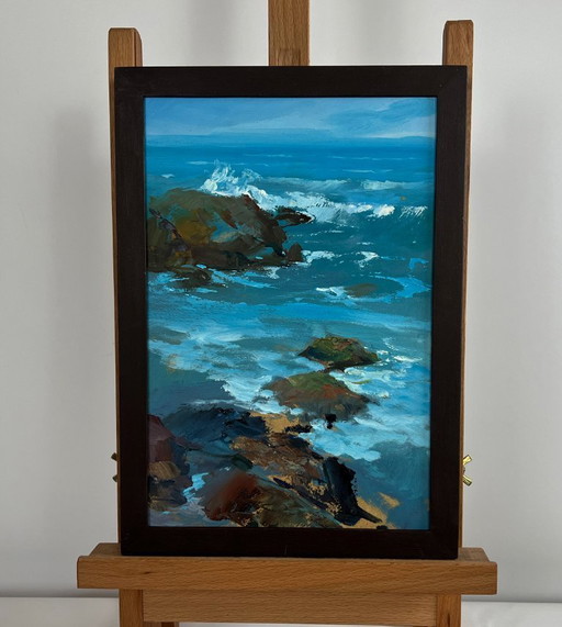 Origineel olieverfschilderij: een rotslandschap aan zee op een zonnige dag.