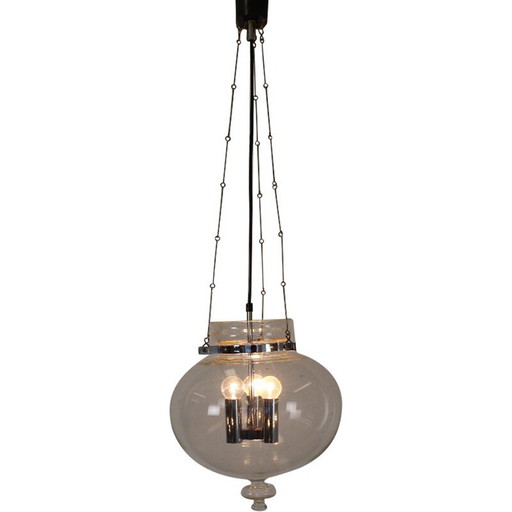 Vintage verchroomd metalen en glazen hanglamp voor Glashütte Limburg, Duitsland 1970