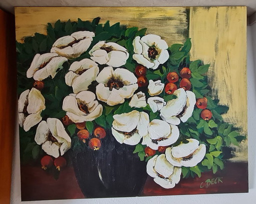Still life bouquet of flowers, painting by Christin Beck on a heavy wooden panel