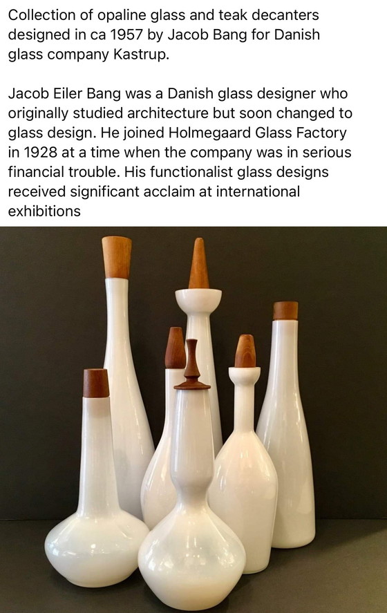 Image 1 of Jacob E Bang per Kastrup/Holmegaard Bottiglia alta opalina, 1957