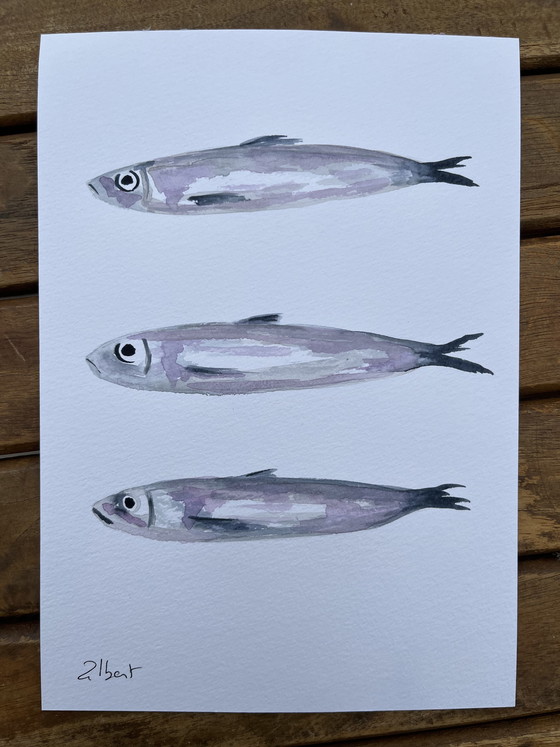 Image 1 of Watercolor sketch "Sardines" signed by the artist, 21x15cm
