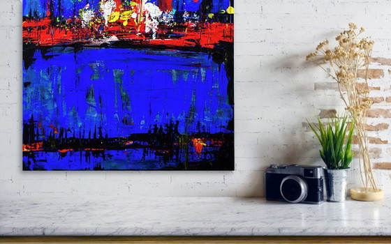Image 1 of Abstract blue and red colors acrylic painting on stretched canvas