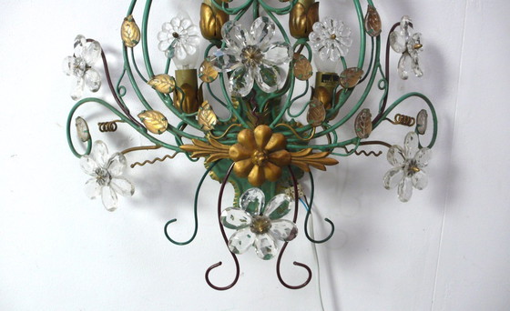 Image 1 of Lampada da parete in metallo verde con cristalli, 5 luci, anni '60, stile Kögl, Veralux Italia
