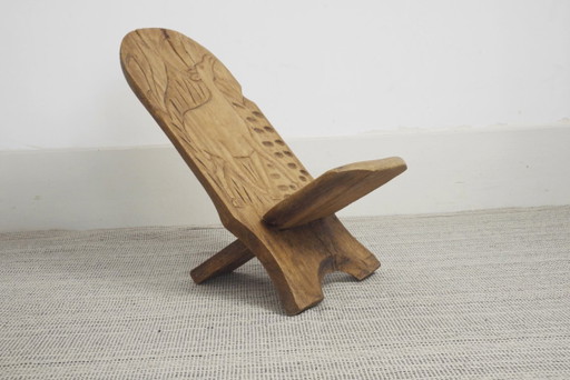 Carved African Hardwood Palaver Chair Low Collapsible Chair Folk Art Deer Carving Vintage Rustic Wooden Accent Seating