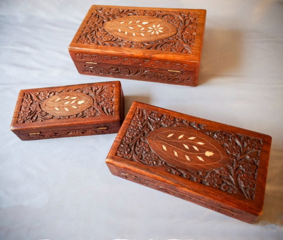 Image 1 of Set of antique carved wooden boxes with ivory inlays. New. Suitable for sewing, jewelry, or other purposes.