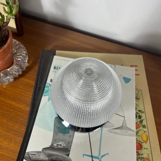 Small round Holophane prismatic glass wall or ceiling light with stainless steel base, Table lamps, Chrome (photo 2 of 9)