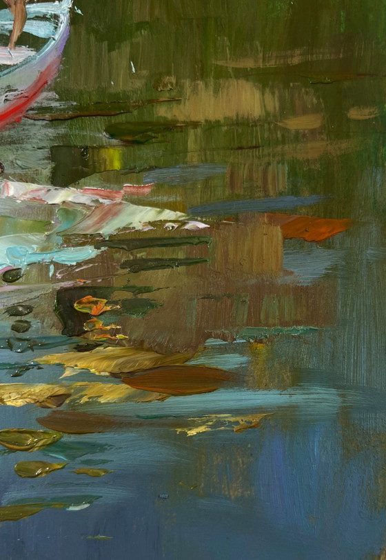 Image 1 of Original Oil Painting Coastal Village Landscape Girls sailing in a boat