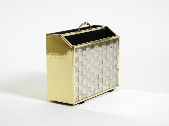 Image 1 of Extraordinary 1980s newspaper rack made of brass and wood in Hollywood Regency design