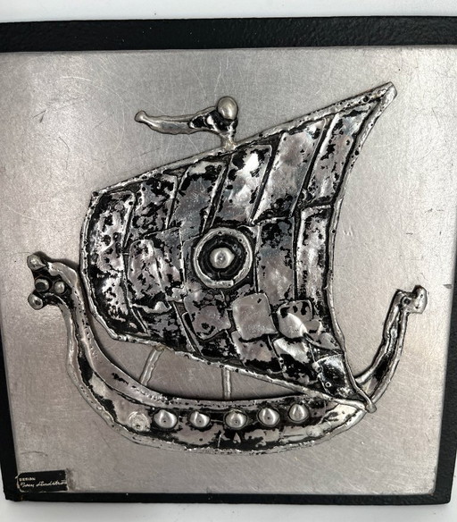 Rare Wall Relief by Sven Lindström – Viking Ship – Pewter on Wood – Scandinavian Mid-Century Design