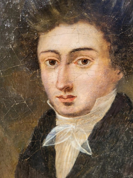 Image 1 of 19e-eeuws portretschilderij van een jonge man, een heer, antiek