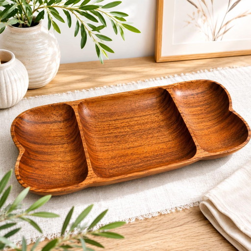 Vintage Wood Serving Bowl XXL 44 cm | Hand-carved Mid Century Snack Bowl with 3 Compartments | Teak Wood Bowl 1960s 1970s
