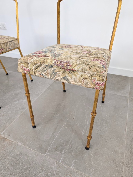 Image 1 of Set of 4 Gilt Wrought Iron Chairs with Floral Tapestry, Spain 1980s