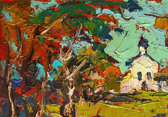 Image 1 of Original Oil Painting Autumn Church Landscape Autumn bell ringing of the church tower