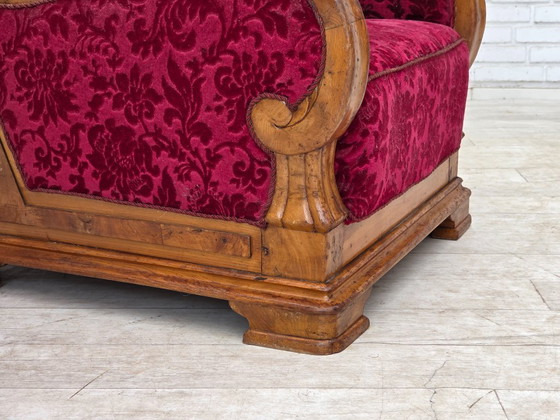 Image 1 of Anni '50, poltrona relax danese, velluto rosso per mobili, legno di quercia.