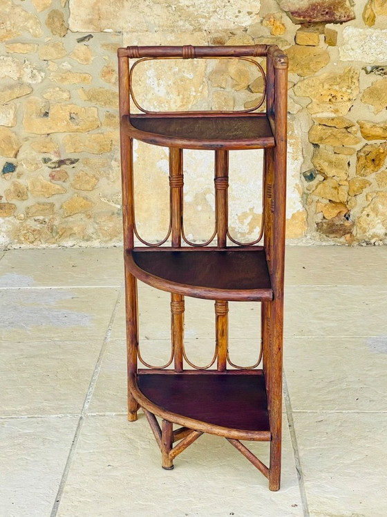 Image 1 of Mid-Century Bamboo & Rattan 3-Tier Corner Shelf, 1960s