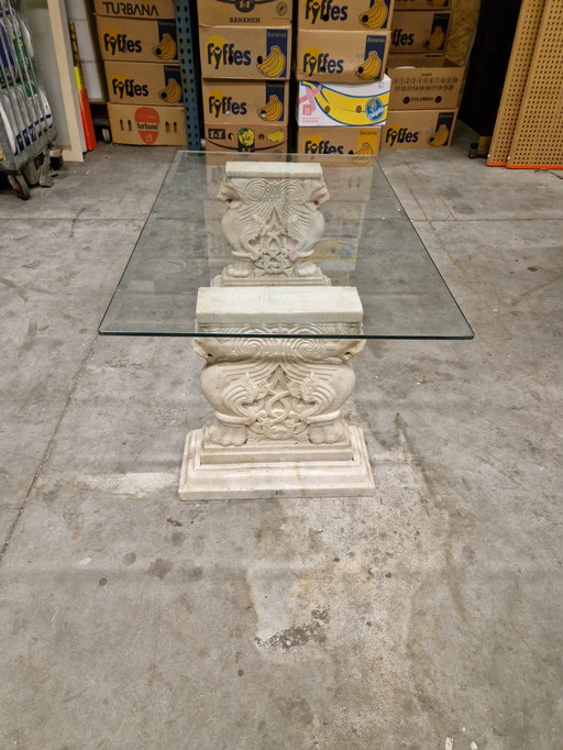 Classic coffee table with glass top and marble pedestals | 109 x 68 x 52 cm