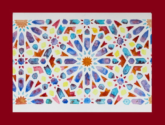 Image 1 of Aquarelle originale représentant une faïence arabe. Peinture géométrique. Neuve.