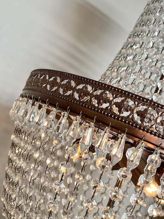 Image 1 of Vintage kristallen kroonluchter hanglamp met punt pegels Zakkroonluchter brons frame
