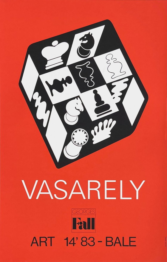 Image 1 of Victor VASARELY Expo 83 - Art Basel - Affiche originale Echecs fond rouge 1983