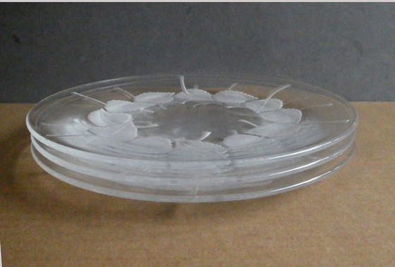 Image 1 of 3 plates, glass, satin leaf decoration, Lalique, Paris, France, signed