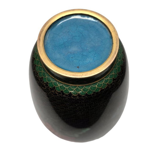 Image 1 of Large vintage black cloisonné vase