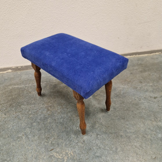 Image 1 of Vintage footstool cobalt blue newly upholstered stool footstool oak 1960s
