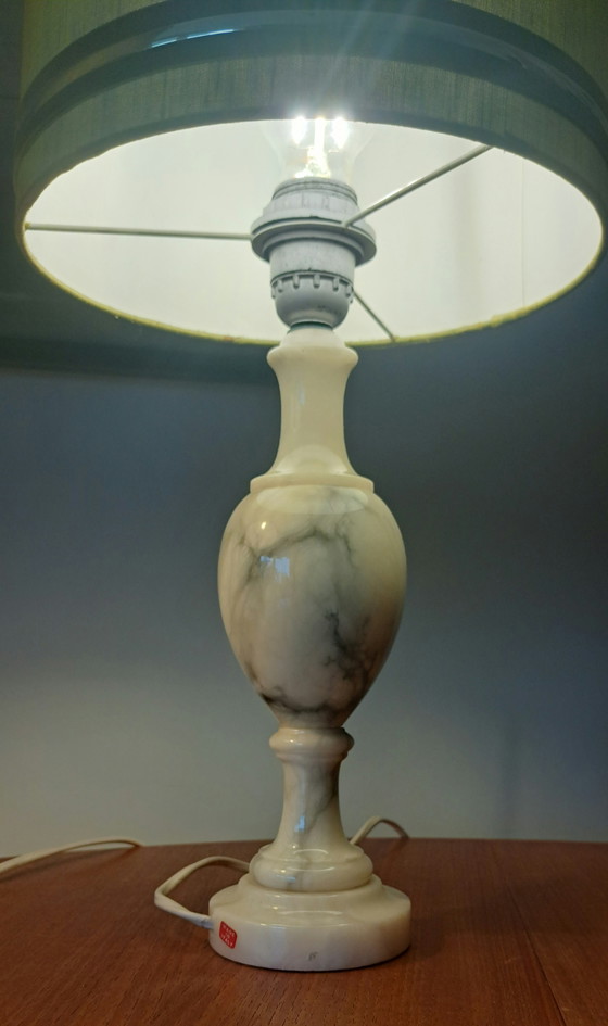 Image 1 of Pair of Italian Marble Table Lamps with Olive Green Silk Shades – Vintage 1970s