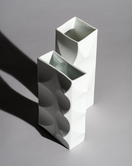 Image 1 of Heinrich Fuchs Lorenz Hutschenreuther “ARCHAIS” Bisque Porcelain Vase Duo Op-Art